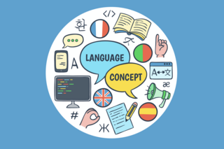 Image of different language related objects such as books, flags, and words